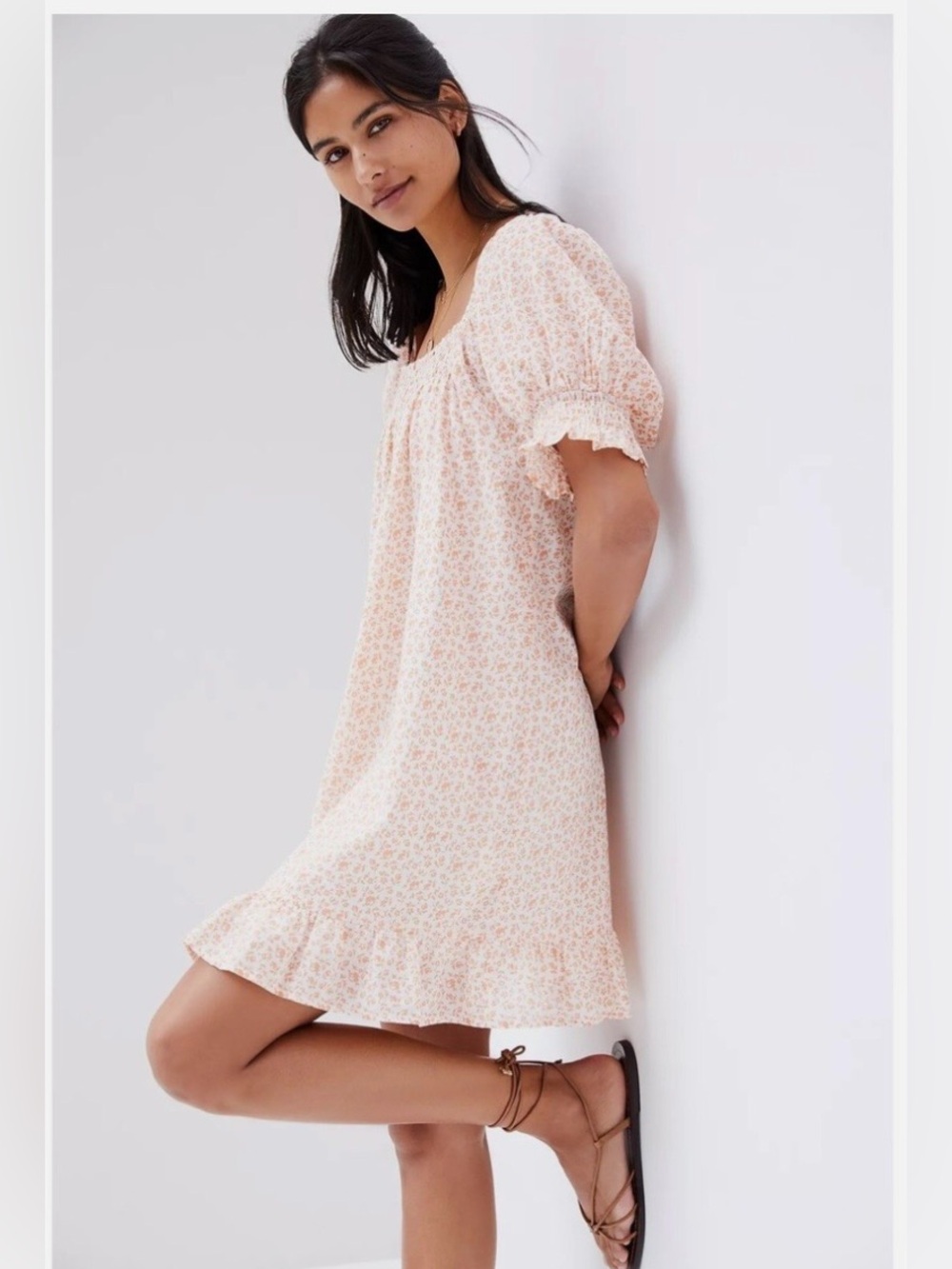 Anthropologie dRA Peasant Puff Sleeve Mini Dress Peach Floral Milkmaid Size L